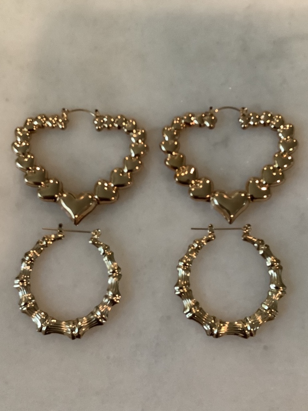 Gold Heart Hoop & Textured Bamboo Hoop Earring Set, Brand New